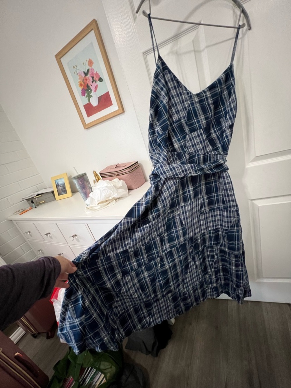 Ralph Lauren Navy and White Plaid Spaghetti-Strap Midi Dress